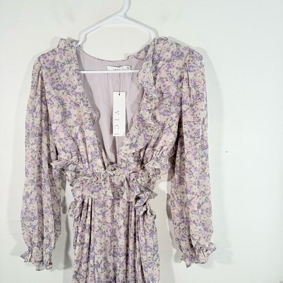 NWT Vici Lush Always A Gal Purple Ruffle Floral Side Cutout Mini Dress Small New - Picture 5 of 13